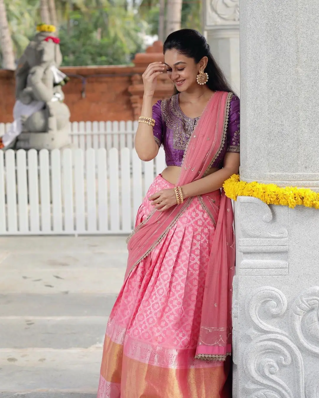 Indian Girl Aishwarya Arjun In Traditional Pink Half Saree Blue Blouse